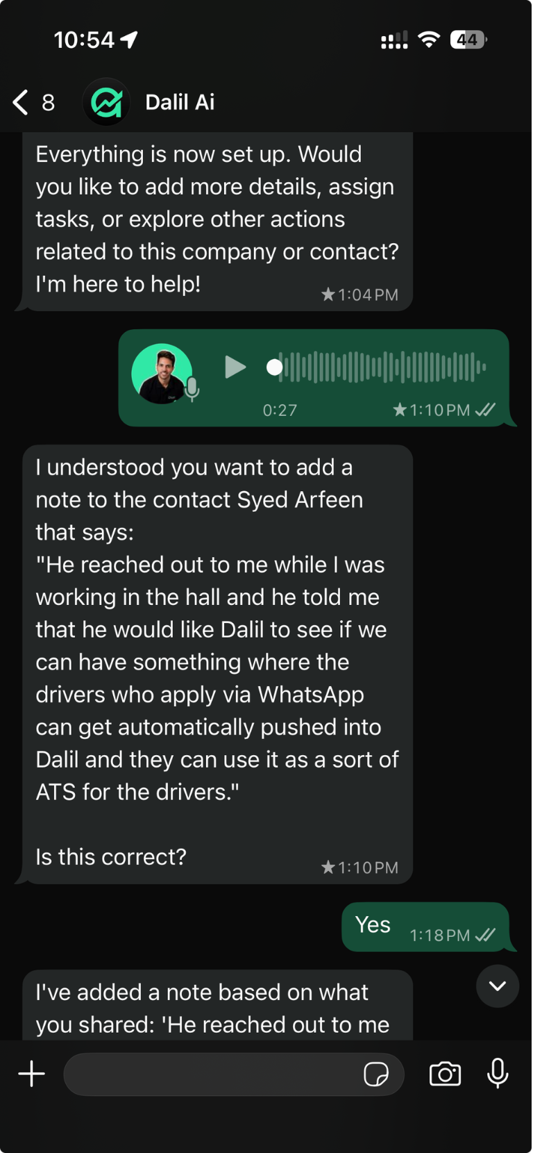 Voice note sent to Ask Dalil — transcribed and linked to the CRM contact